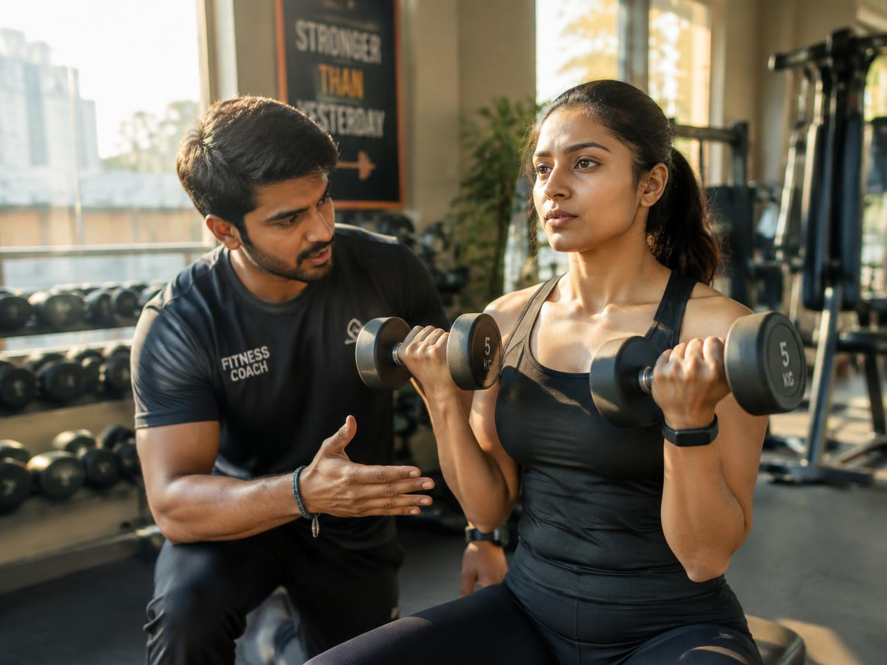 Personal trainer coaching a client with dumbbells